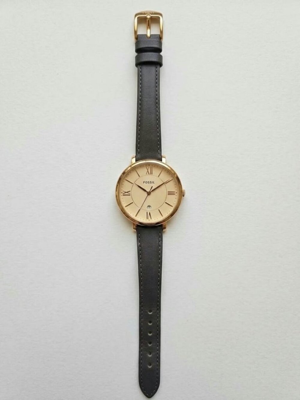 Fossil Jacqueline Gold Tone Round Dial Watch Date Window Dark Grey Leather Strap